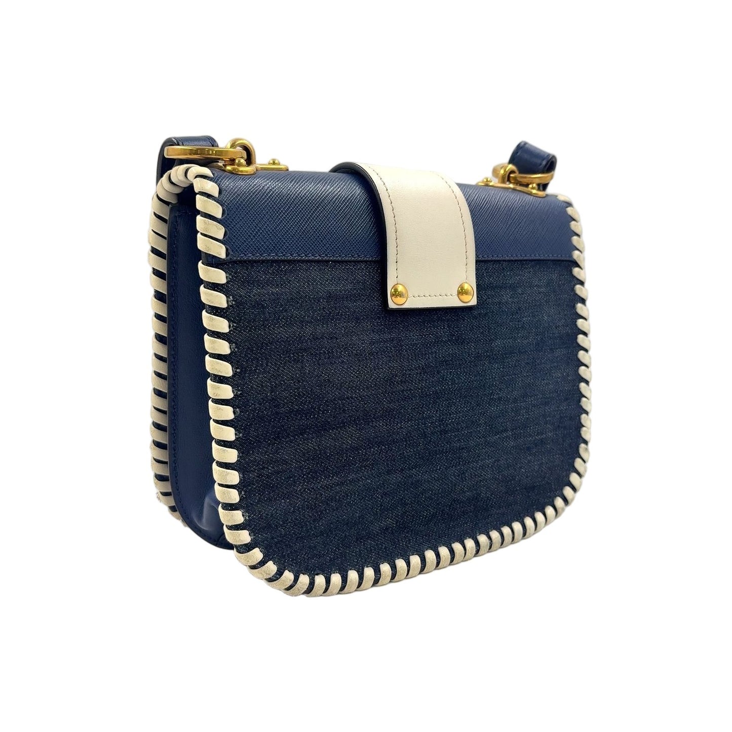 Prada Cahier Leather Navy White Shoulder Bag Gold — view 2