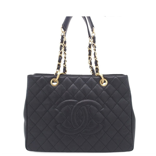 Chanel Tote Bag Black Gold Caviar Leather Grand Shopping GST Quilted Single