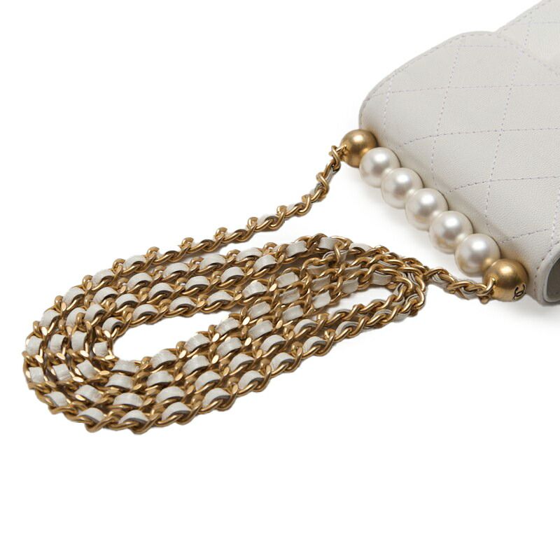Chanel Mini Matelasse Pearl Chain Shoulder Lambskin White With Gold Hardware