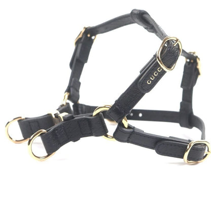 Gucci Leather Interlocking G Dog Torso Harness Black Gold Hardware XS
