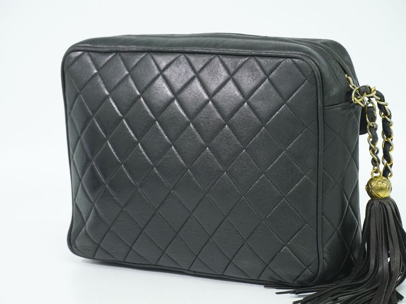 Authentic Chanel Coco Mark Matelasse Tassel Chain Shoulder Bag Leather Black