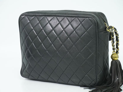 Authentic Chanel Coco Mark Matelasse Tassel Chain Shoulder Bag Leather Black