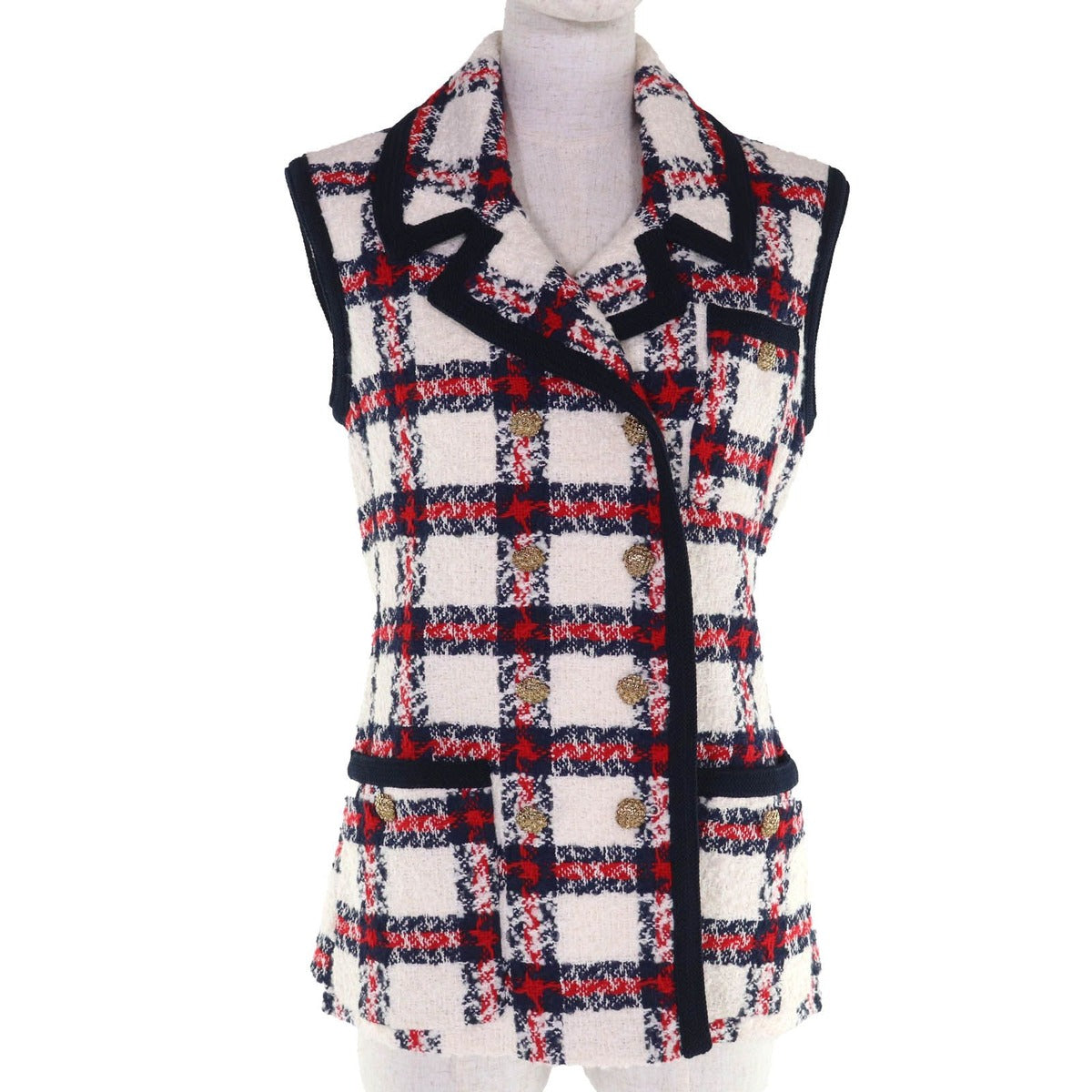 Gucci Wool Blend Check Pattern Tweed Vest With Gold Buttons White 40