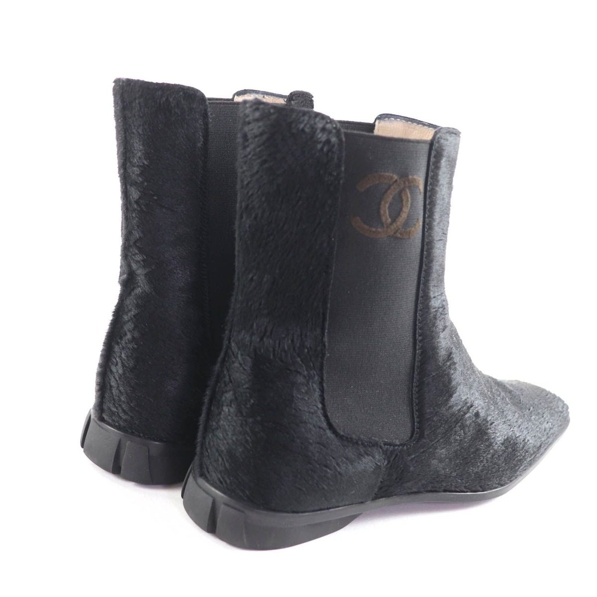 Chanel Vintage CC Logo Embroidery Square Toe Calf Hair Side Gore Boots Black 37 — view 3