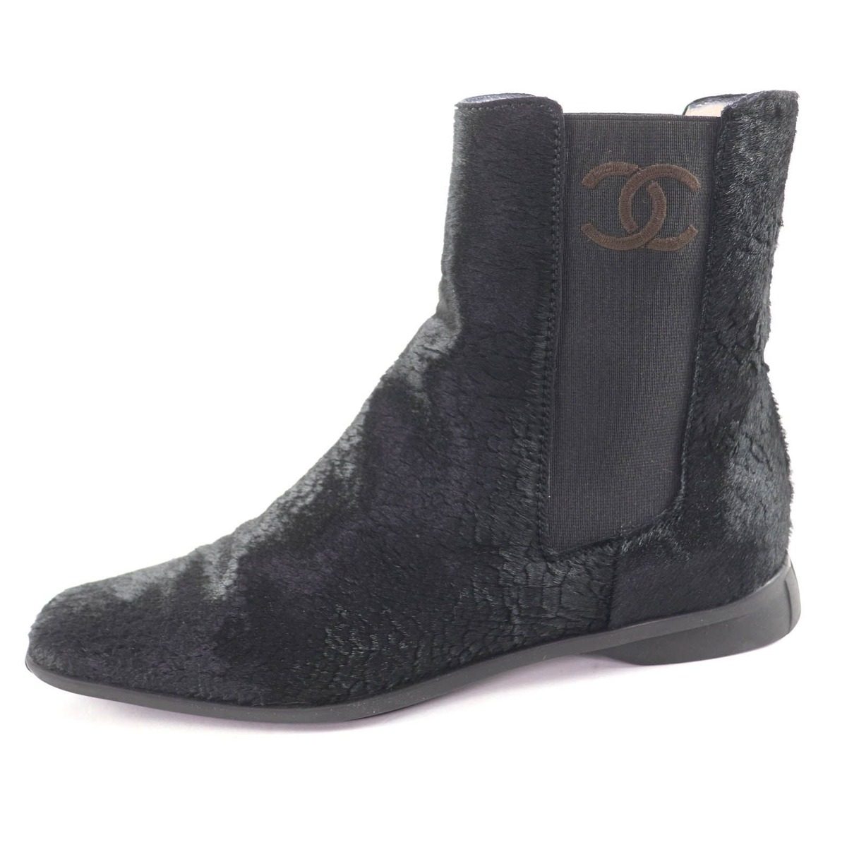 Chanel Vintage CC Logo Embroidery Square Toe Calf Hair Side Gore Boots Black 37 — view 5