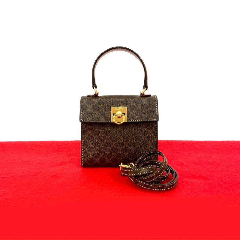 Celine Vintage Macadam Pattern Logo Ring Hardware Leather 2-Way Mini Handbag