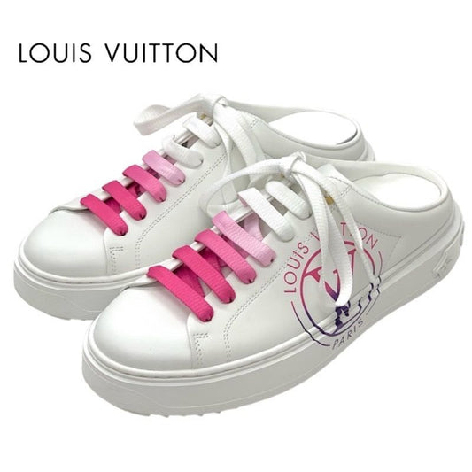 Louis Vuitton Time Out Line Monogram Sneakers Shoes Leather White Pink Flat