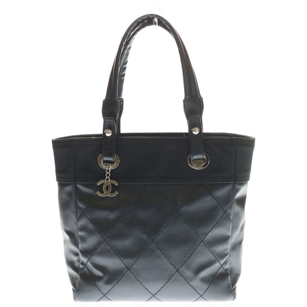 Chanel CC Logo Paris Biarritz Tote PM Handbag Black Leather Silver