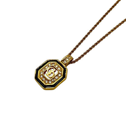 Christian DIOR Necklace Rhinestone Black Stone Square CD Logo Gold