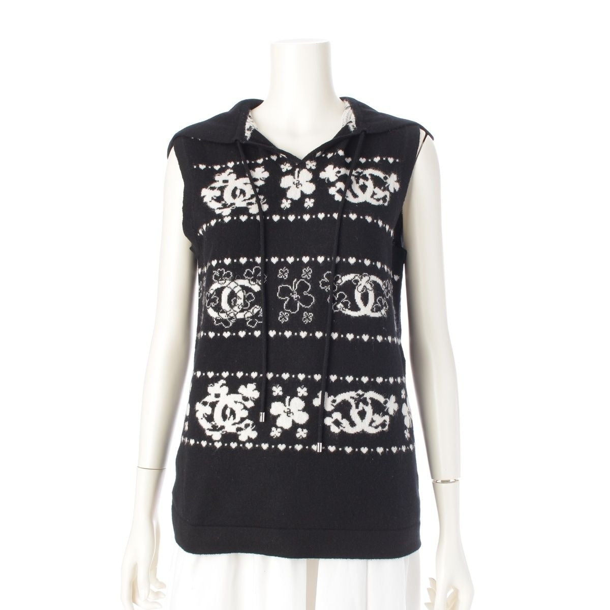 Chanel Cashmere Cotton CC Logo Clover Hooded Knit Vest Hoodie Top