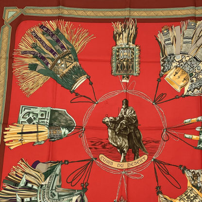 Hermes Carre 90 Hermes Cuirs DU Desert Leather Decorated Silk Scarf Red