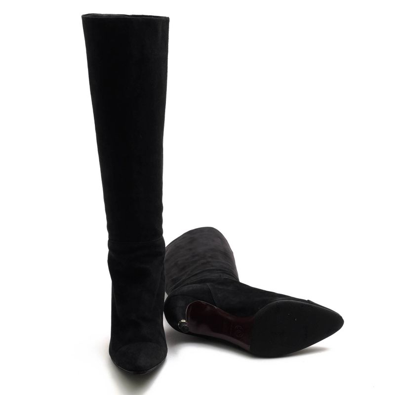 Chanel Long Boots Shoes Women Suede Leather Genuine Black High Heel Leather Sole