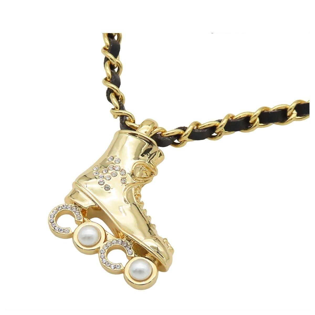 Chanel Pendant Gold Metal Costume Pearl Rhinestone Leather CC Logo Roller
