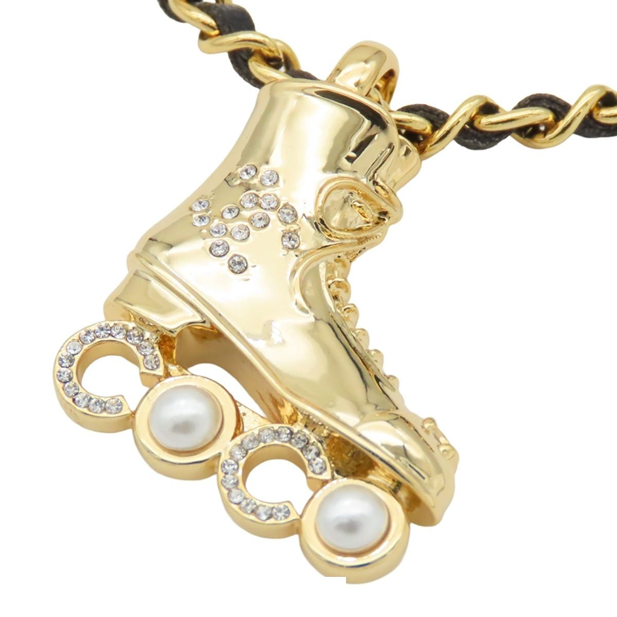 Chanel Pendant Gold Metal Costume Pearl Rhinestone Leather CC Logo Roller — view 3