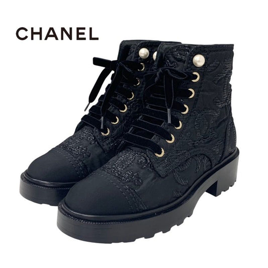 Chanel Boots Short Boots Shoes Fabric Black Here Mark Lace Up Pearl