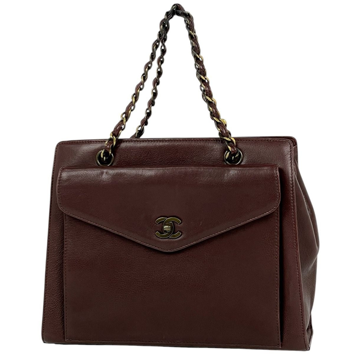 Chanel CC Logo Chain Handbag Tote Leather Brown