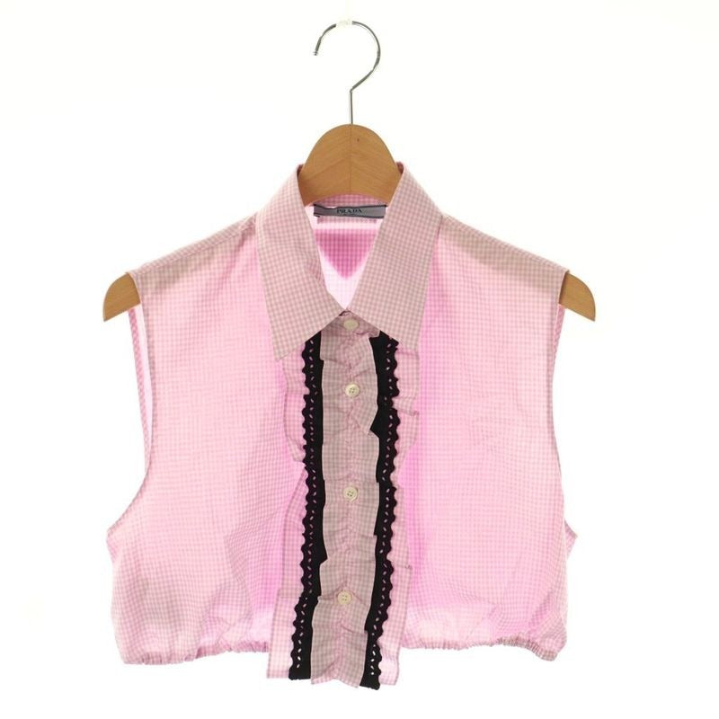 Prada Sleeveless Check Shirt Blouse Ruffle Cropped 40 Pink White Es Gy20