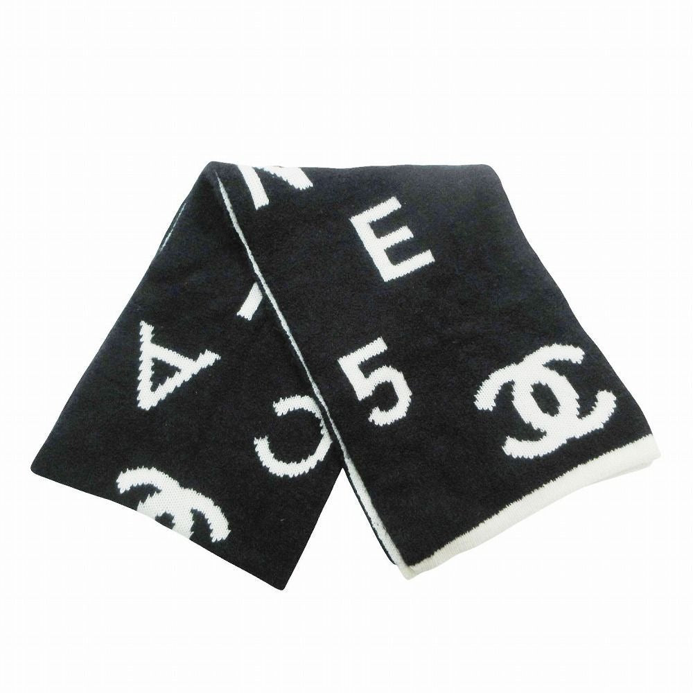 Chanel CC Logo Muffler Cashmere Wool Black Ivory 30 Scarf