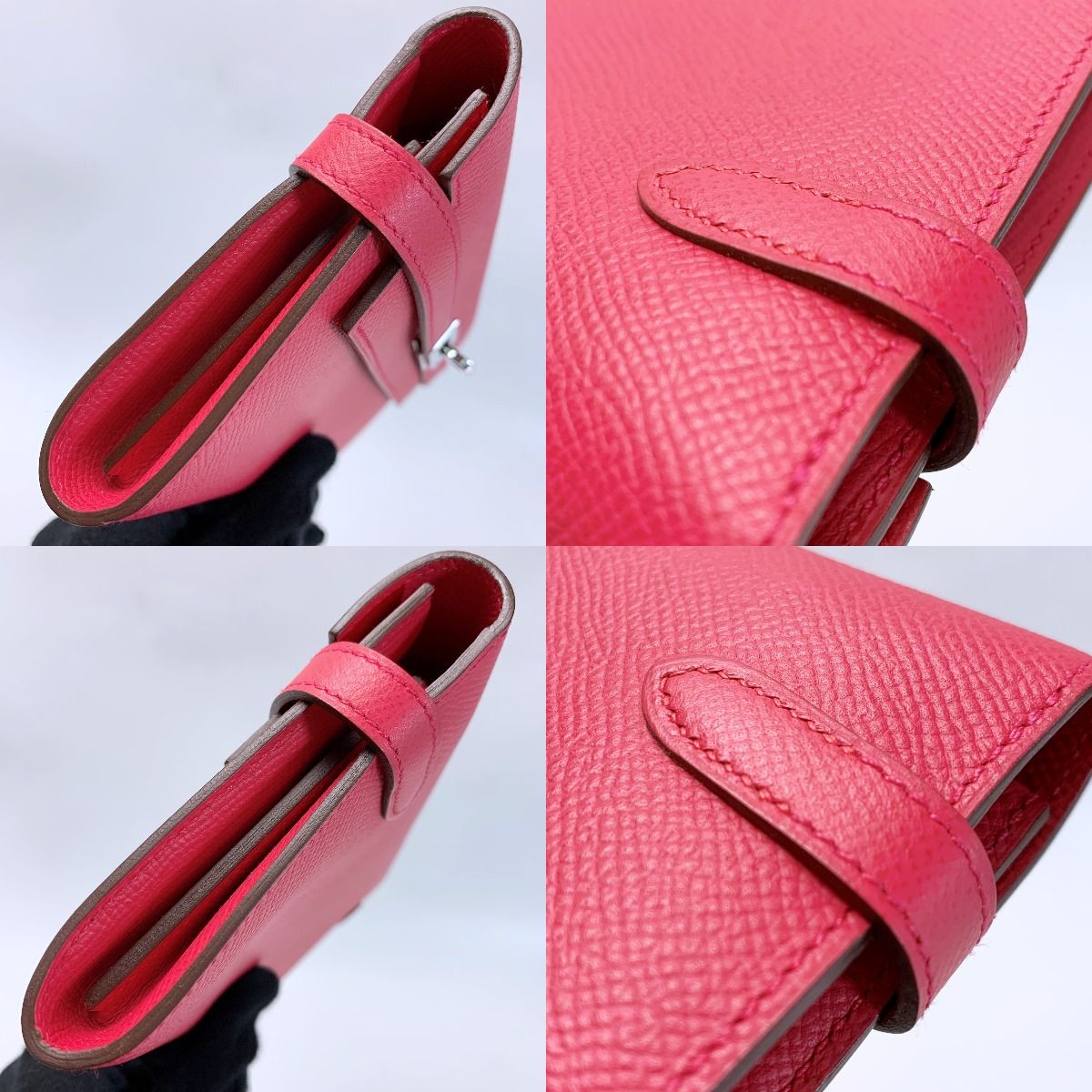 Hermes Kelly Vaux Epson a Engraved Rose Tyrian Long Wallet Women's Silver