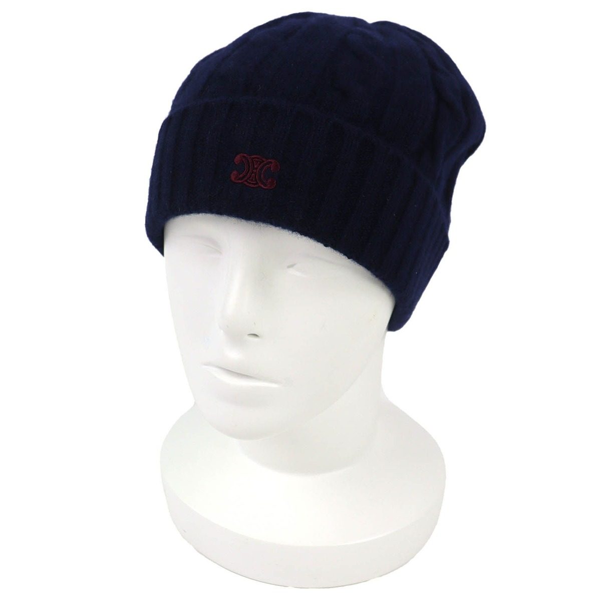 Celine Cashmere Triomphe Embroidery Cable Knit Beanie Cap Navy Sweater