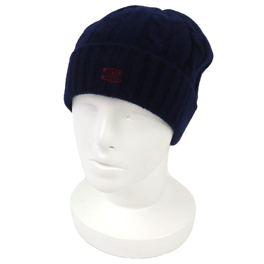 Celine Cashmere Triomphe Embroidery Cable Knit Beanie Cap Navy Sweater