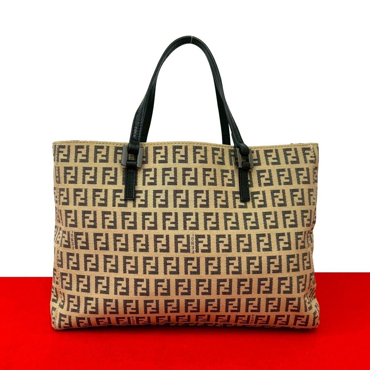 Fendi Zucchino FF Logo Pattern Nylon Leather Mini Tote Beige Black