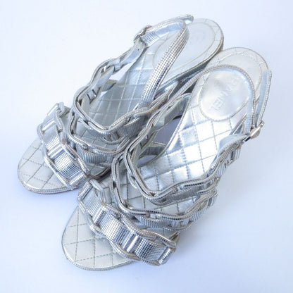 Good Chanel Chunky Heel Metallic Cles Zers Ring Back Sandals 35.5c Equivalent