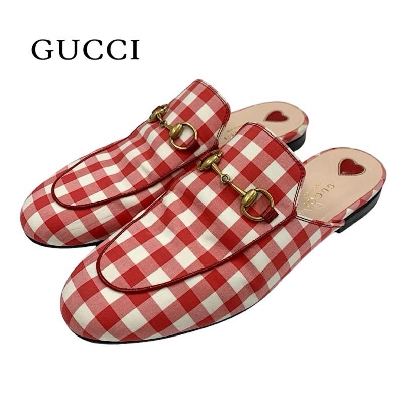 Gucci Prince Town Flat Shoes Fabric Red White Gold Mule Slipper Sandals Check