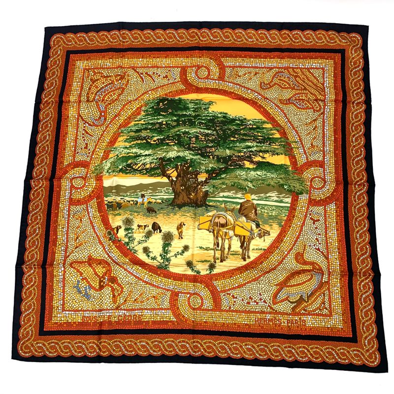 Hermes Carre 90 SOUS LE Cedre Silk Scarf Under Himalayan Cedars Red