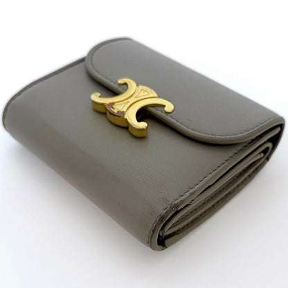 Celine Trifold Wallet Beige Triomphe Logo Leather Preowned