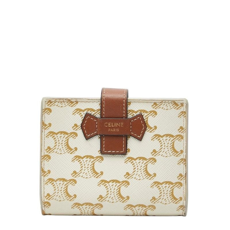 Celine Triomphe Small Strap Wallet Ivory Brown Leather