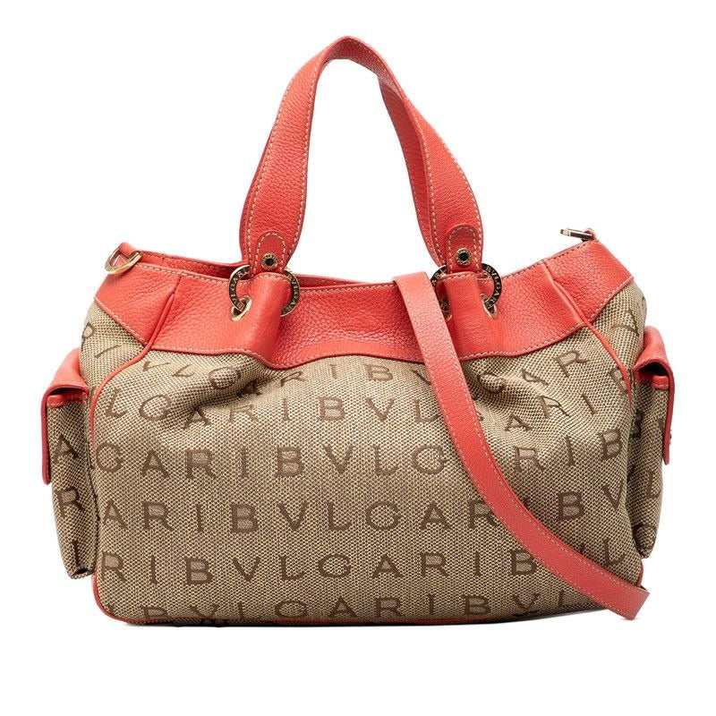 Bvlgari Logomania 2-Way Shoulder Bag Beige Pink Canvas Leather