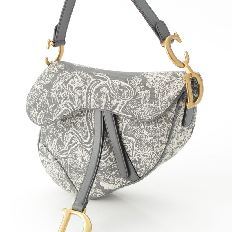 Dior Cotton Toile De Jouy Embroidered Saddle Shoulder Bag Gray