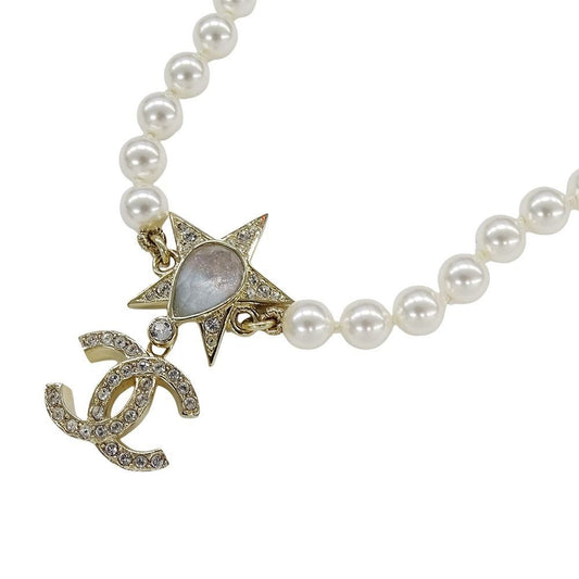 Chanel Choker Necklace Metal Line Stone Faux Pearl Star CC Logo Gold White
