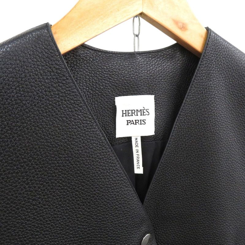 Hermes Long Gilet Deerskin Vest Deerskin Black 0260 Hermes
