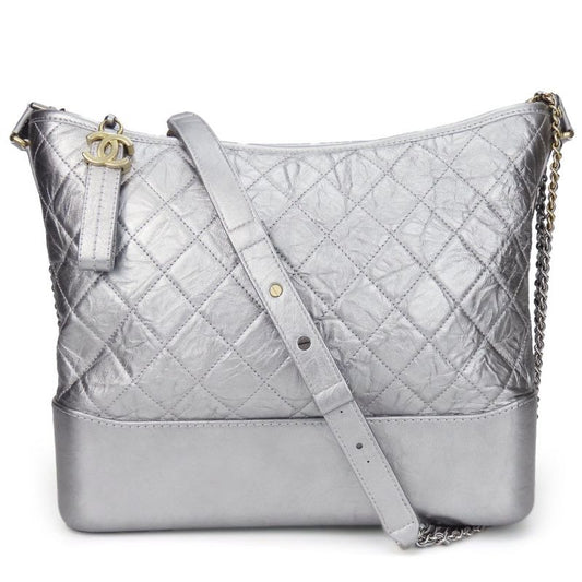 Chanel Shoulder Bag Gabrielle Chain Large Hobo Leather Silver Metallic