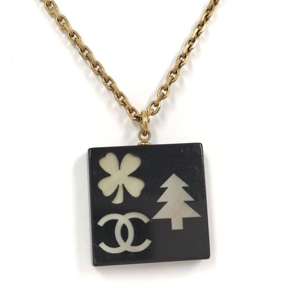 Chanel Necklace Square Plate CC Logo Black Gold Plated