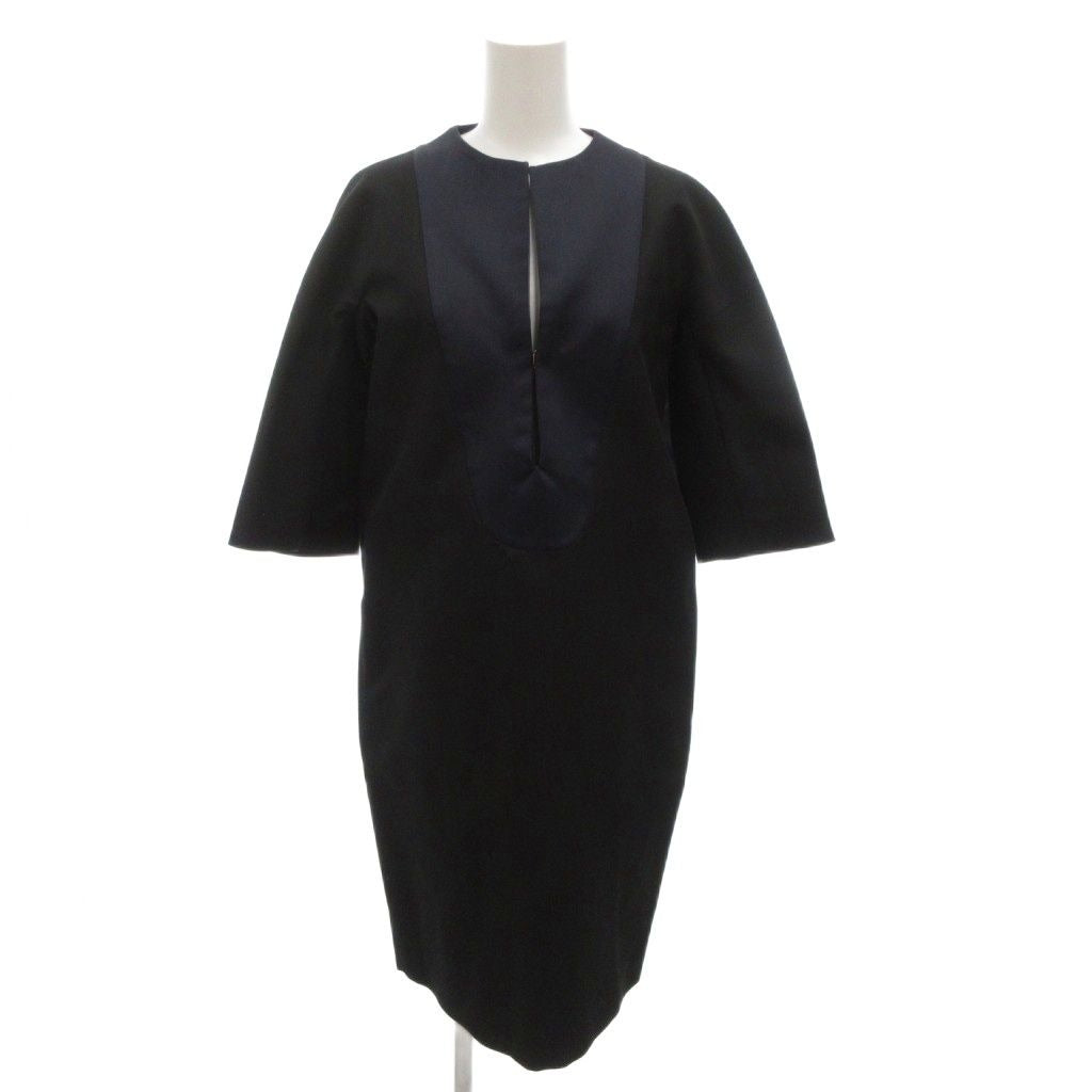 Celine Phoebe Season Dress Silk Blend 36 Navy Key Neck Knee Length 3/4 Sleeve