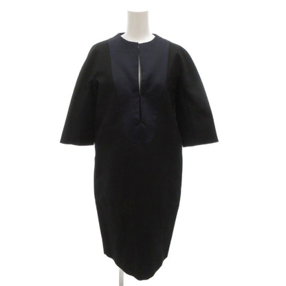 Celine Phoebe Season Dress Silk Blend 36 Navy Key Neck Knee Length 3/4 Sleeve