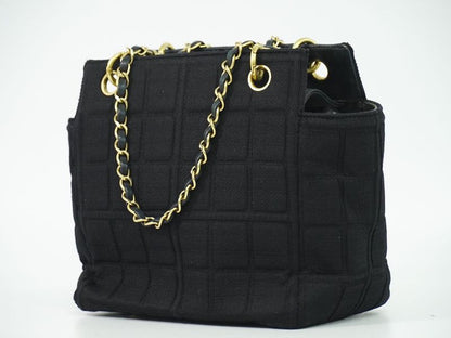 Authentic Chanel Chocolate Bar Chain Shoulder Bag Tote Bag Canvas Black