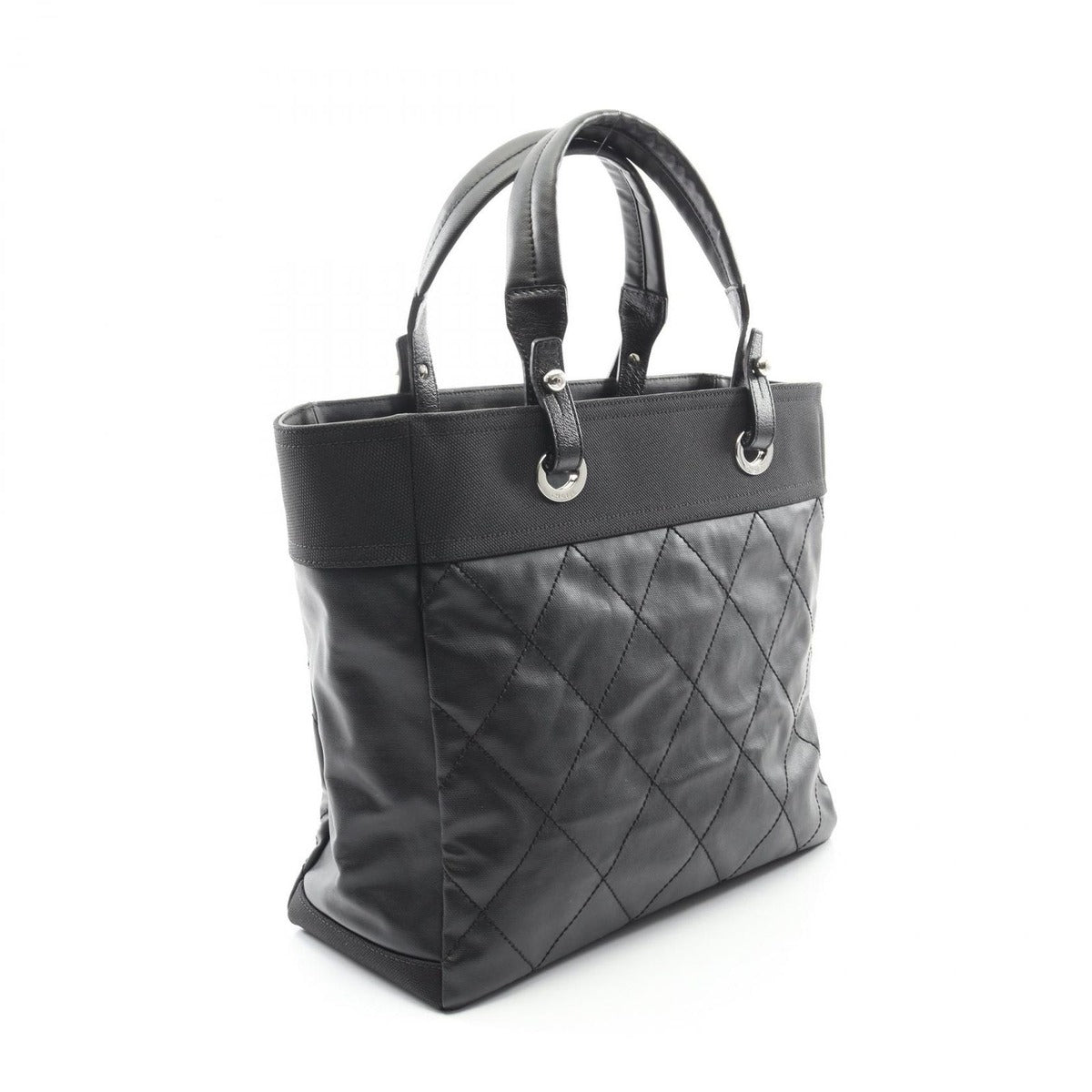 Chanel Tote Paris Biarritz MM Black Canvas Leather — view 2
