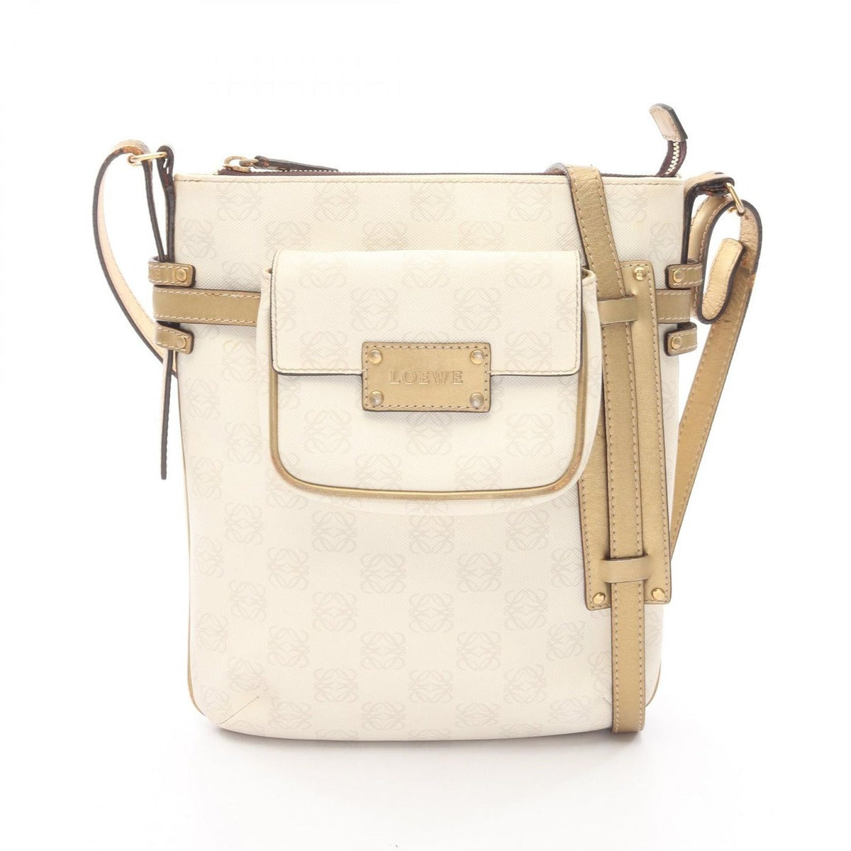 Loewe Shoulder Bag Repeat Anagram White Gold Canvas Leather