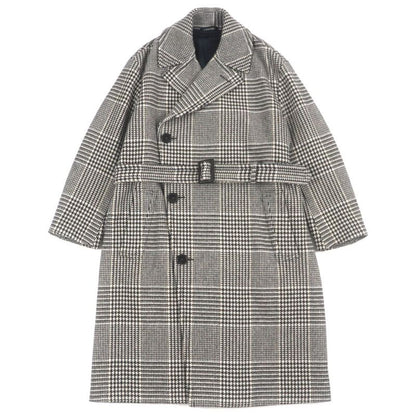 Hermes Wool Sheepskin Glen Check Belted Coat Brown 46