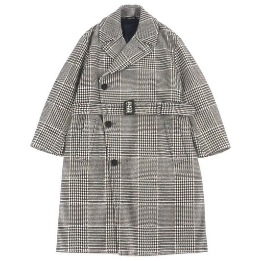 Hermes Wool Sheepskin Glen Check Belted Coat Brown 46