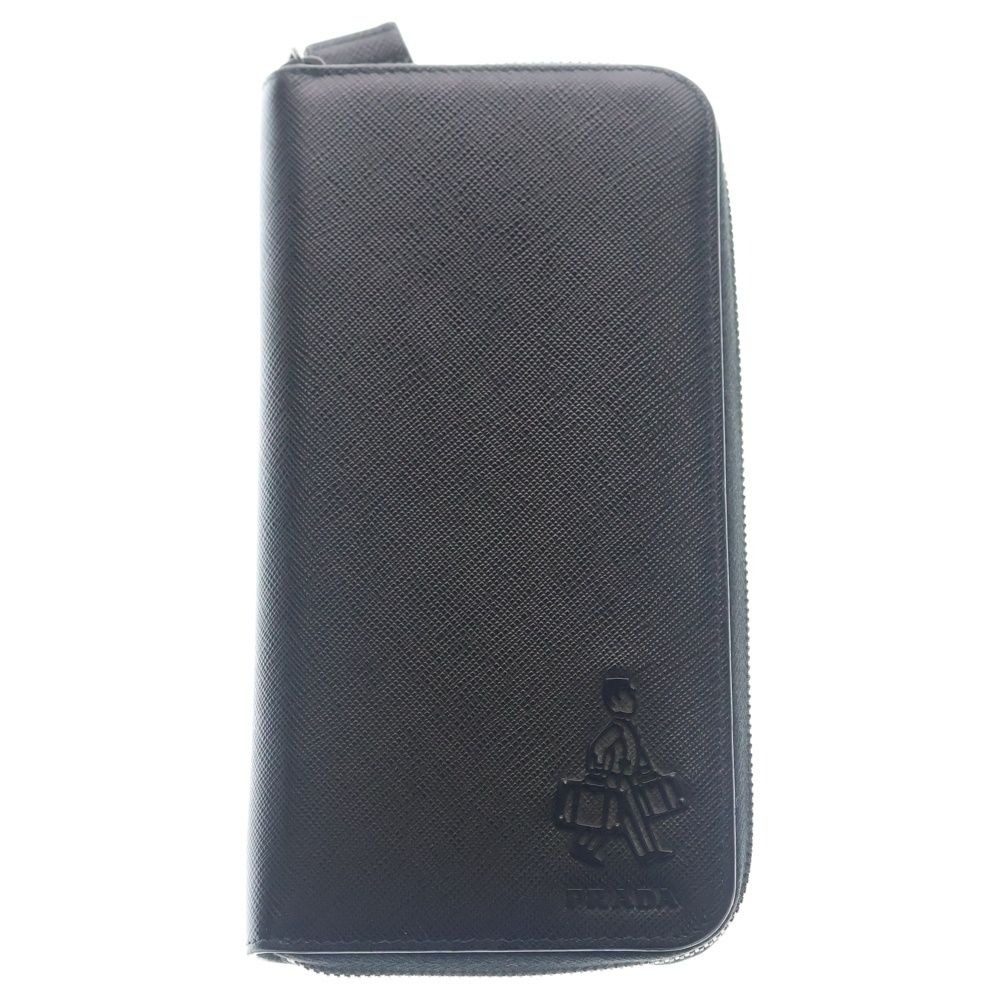 Prada Saffiano Travel Zip Around Wallet Black Leather Silver