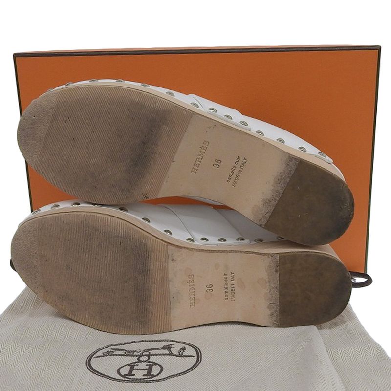 Hermes Karya Leather Sabo Sandals Mules 36 Approx 23cm (9.06in) White Women's