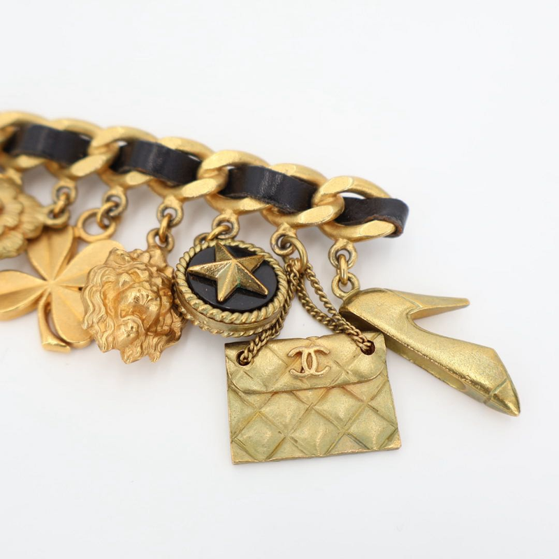 Chanel Vintage Matelasse Coco Mark 8 Charm Chain Brooch Gold Black Plated