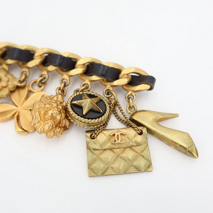 Chanel Vintage Matelasse Coco Mark 8 Charm Chain Brooch Gold Black Plated
