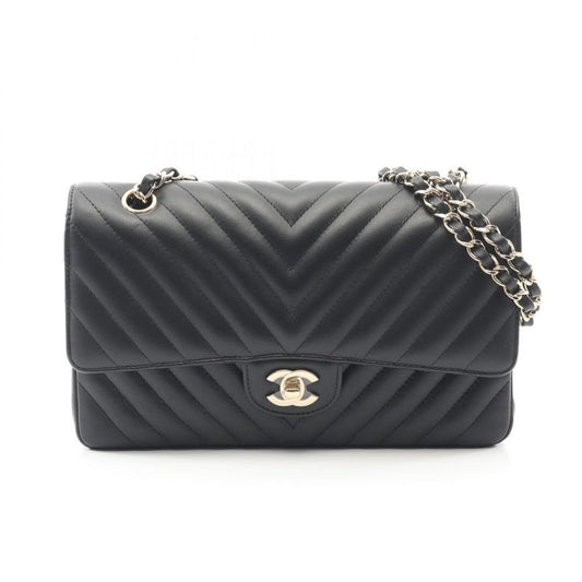 Chanel Shoulder Bag Chevron V Stitch Double Flap Black Lambskin Sheep