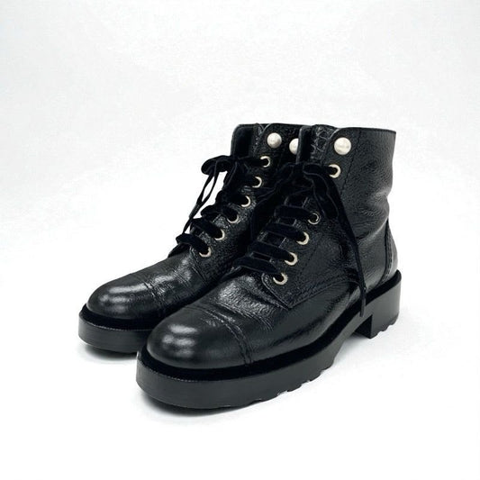 Chanel Boots Short Shoes Leather Velor Black Coco Mark Pearl Lace Up